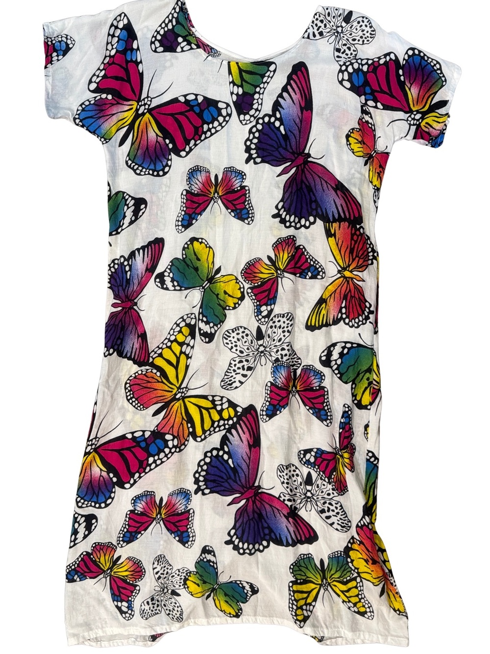 White Butterfly Print Linen Short Sleeve Dress or Bathing Suit Cover